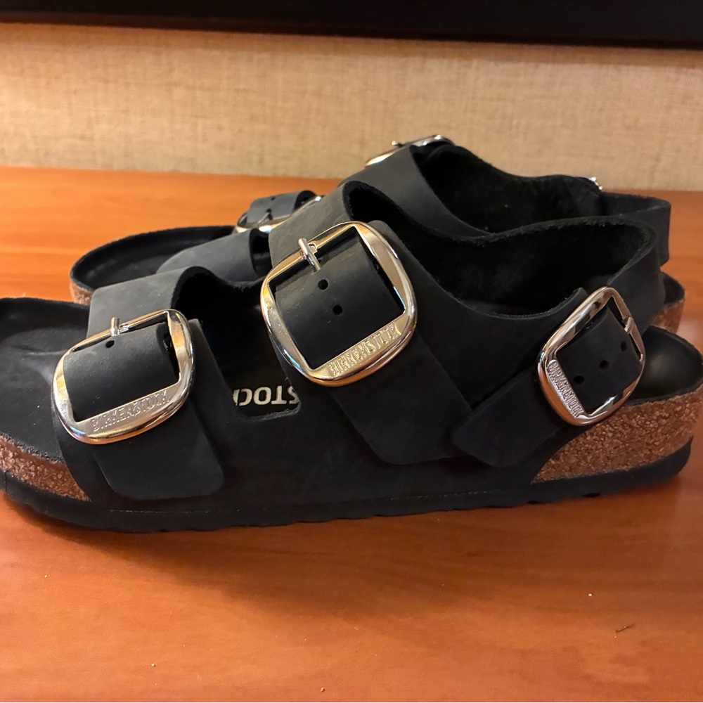 Birkenstock Black Milano Big buckle Slingback Sandals with Metallic Buckles - Picture 4 of 6